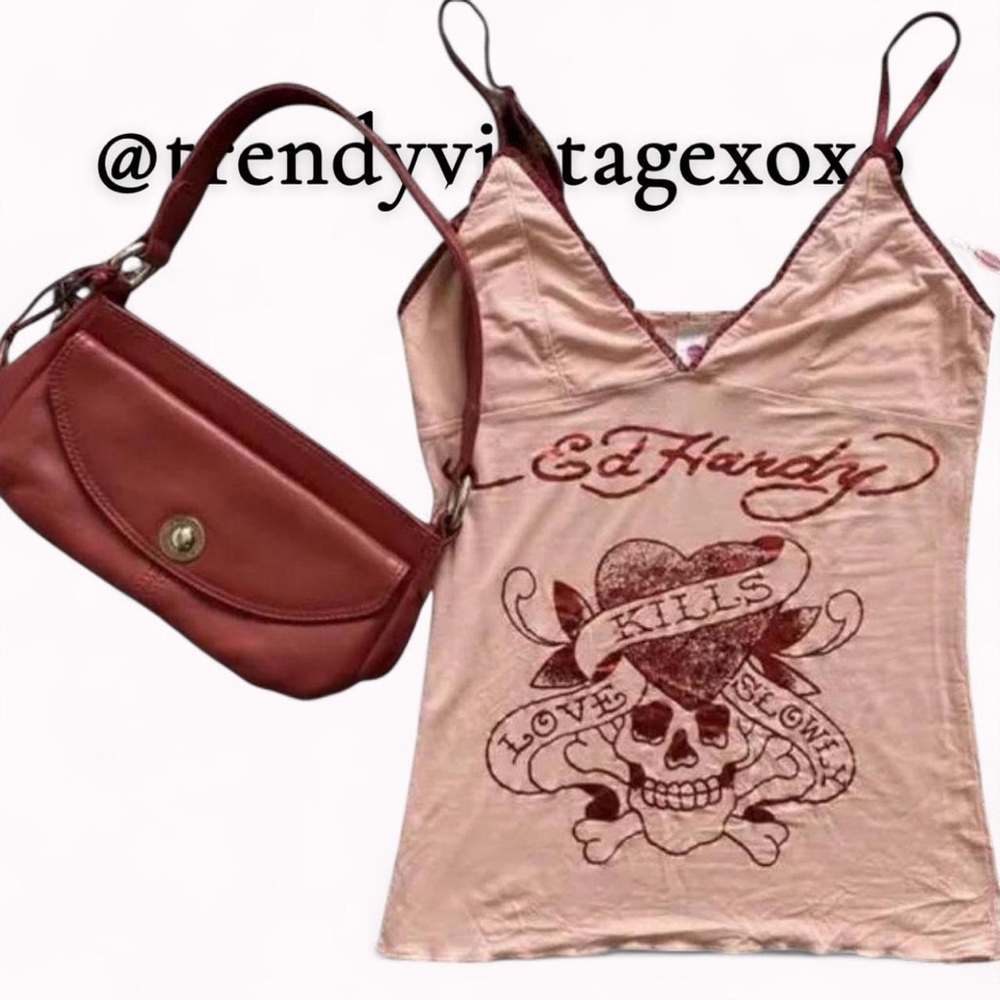 Vintage Ed Hardy Women's Light Pink Skull Camisole